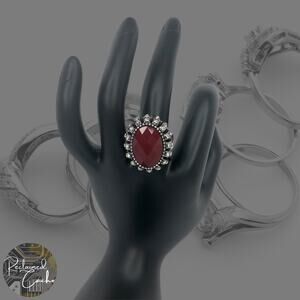 Silver and Red Rhinestone Statement Ring - Size 7.5
